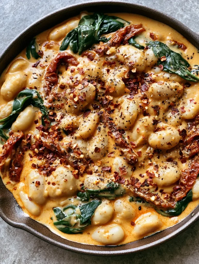 Marry Me White Beans: Creamy Tuscan Garlic Cannellini Beans 1 Close up shot of the thick orange-tinted heavy cream sauce with ribbons of spinach and sun-dried tomatoes in Marry Me White Beans.