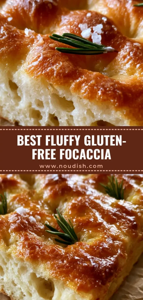 Gluten-Free Focaccia Bread Recipe: Fluffy, Airy, and Golden-Brown 4 A high-angle close-up of a thick rectangular slab of Gluten-Free Focaccia Bread with golden-brown crust, rosemary, and sea salt on parchment paper.