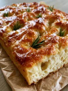 Close-up of the airy, porous white crumb of a Gluten-Free Focaccia Bread Recipe showing large bubbles and a golden crust.