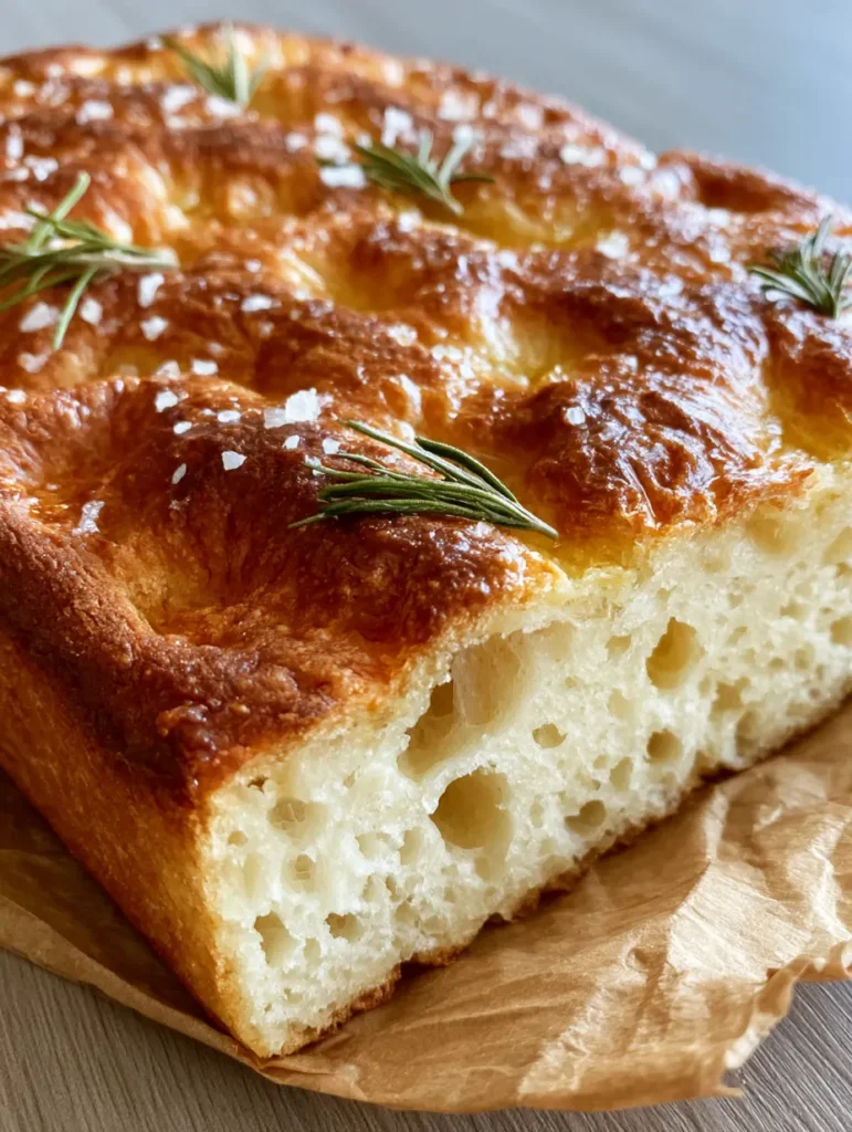 A top-down shot of a golden-brown Gluten-Free Focaccia Bread Recipe featuring deep finger-pressed dimples and fresh rosemary.
