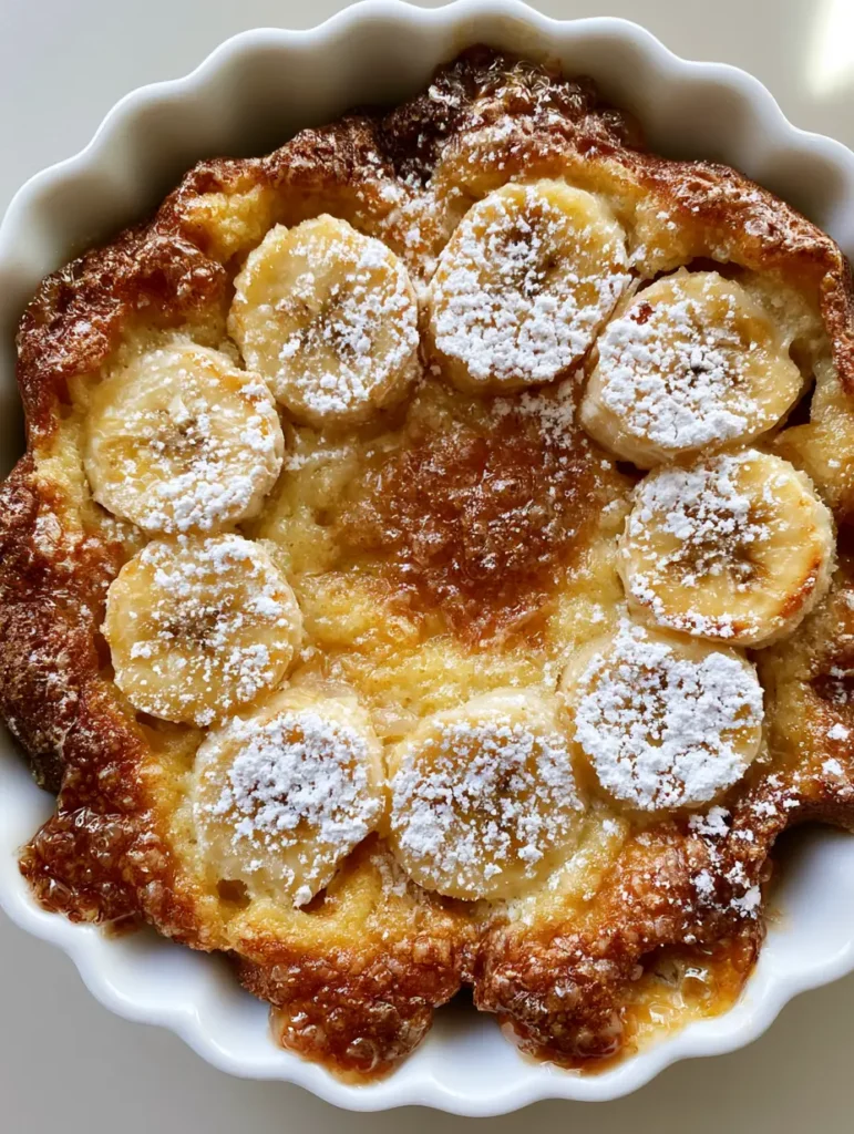 Top-down view of Southern Banana Cobbler showing caramelized edges and a ring of seven banana slices dusted with powdered sugar.