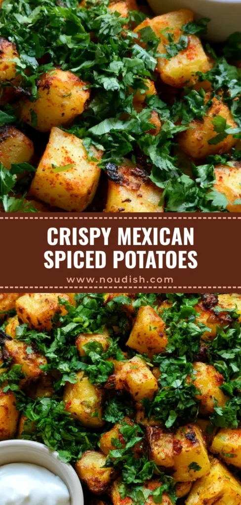 Mexican Roasted Potatoes with Crispy Smoky Chili Crust 4 Sizzling Mexican Roasted Potatoes in a black cast-iron skillet, featuring golden-yellow potato cubes with deep red seasoning and charred edges, heavily garnished with chopped green cilantro next to a bowl of sour cream dip.