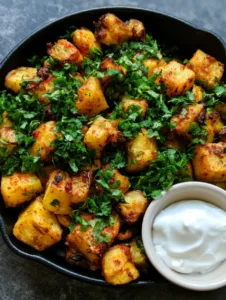 A handheld smartphone photo looking down at crispy Mexican Roasted Potatoes with visible red spice flecks and dark brown caramelized corners in a cast-iron pan.