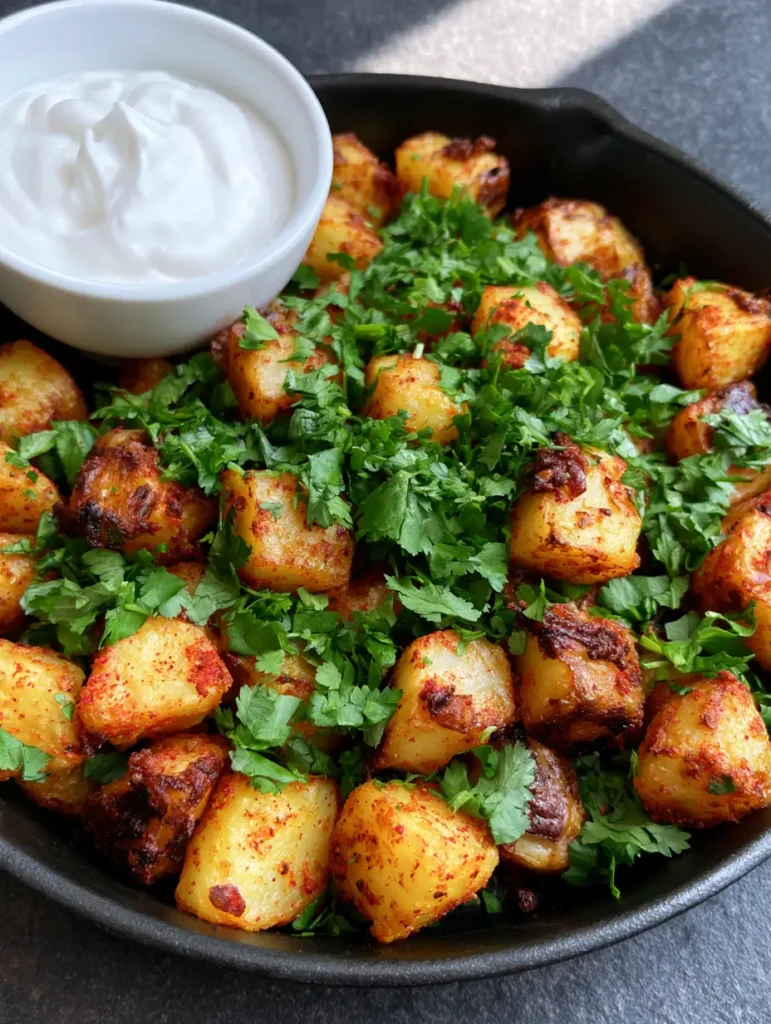 Mexican Roasted Potatoes with Crispy Smoky Chili Crust 1 Crispy roasted potato cubes seasoned with red paprika rub sitting in a black skillet on a dark grey stone background next to a white bowl of smooth sour cream dip.