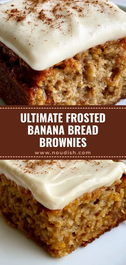 Banana Bread Brownies with Thick Cream Cheese Frosting 4 A close-up shot of square-cut Banana Bread Brownies topped with thick white cream cheese frosting and a dusting of fine ground cinnamon on a white ceramic plate.