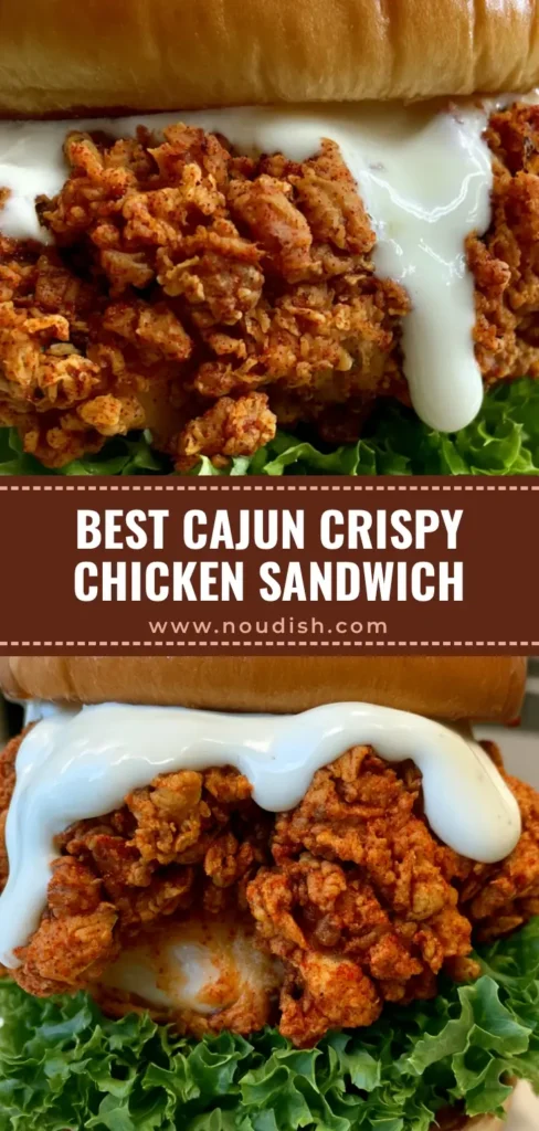 Cajun Crispy Chicken Sandwich with Creamy Garlic Aioli 4 A tall Cajun Crispy Chicken Sandwich on a white plate with craggy golden-reddish breading and dripping garlic aioli.