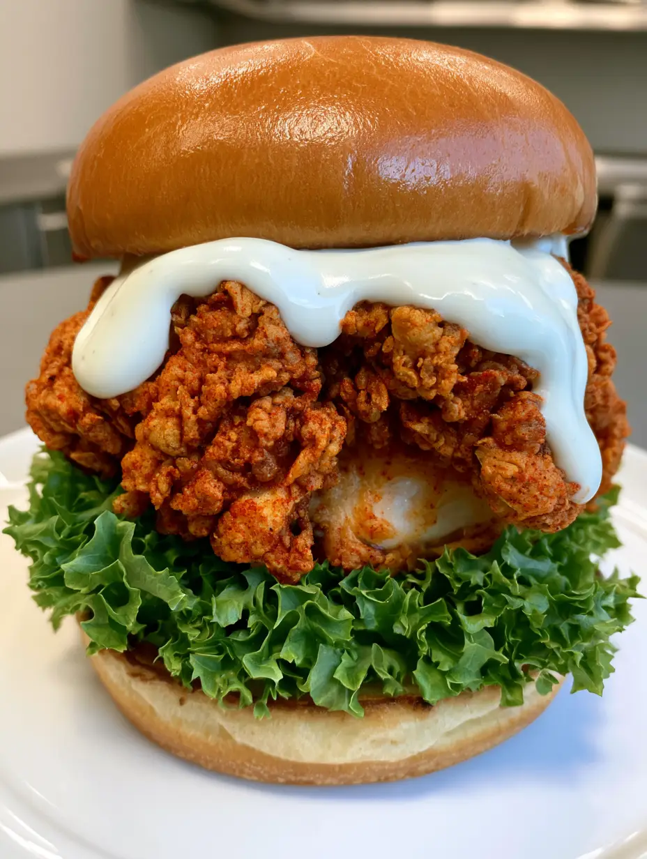 Cajun Crispy Chicken Sandwich with Creamy Garlic Aioli 3 Handheld smartphone photo of a tall Cajun Crispy Chicken Sandwich with visible garlic aioli and ruffled lettuce.