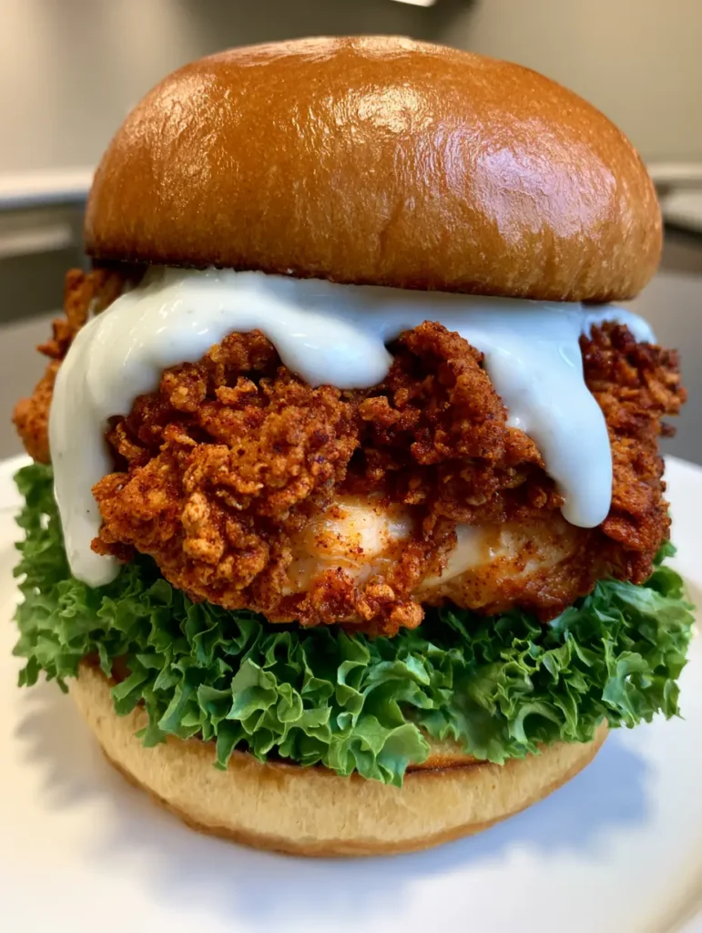 Cajun Crispy Chicken Sandwich with Creamy Garlic Aioli 1 Close-up of the thick breading on a Cajun Crispy Chicken Sandwich served on a glossy brioche bun.