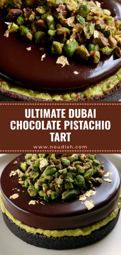Chocolate Pistachio Tart with Cocoa Crust and Gold Leaf 3 A handheld photo of a Chocolate Pistachio Tart with a matte-black cocoa crust, vibrant green pistachio filling, and glossy ganache topped with gold leaf.