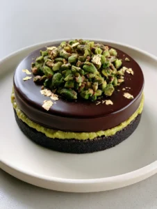 Close up of a Chocolate Pistachio Tart on an off-white plate showing the vibrant green nut layer and glossy chocolate.