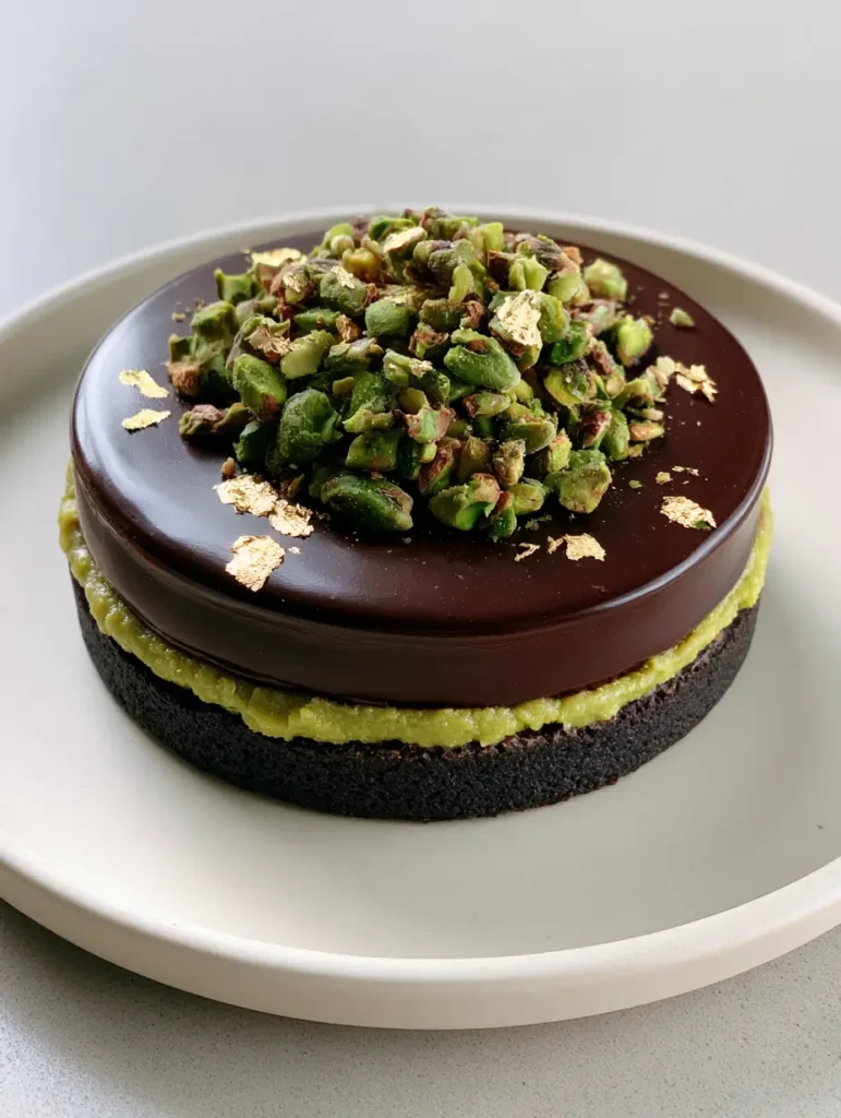 Chocolate Pistachio Tart with Cocoa Crust and Gold Leaf 2 Close up of a Chocolate Pistachio Tart on an off-white plate showing the vibrant green nut layer and glossy chocolate.