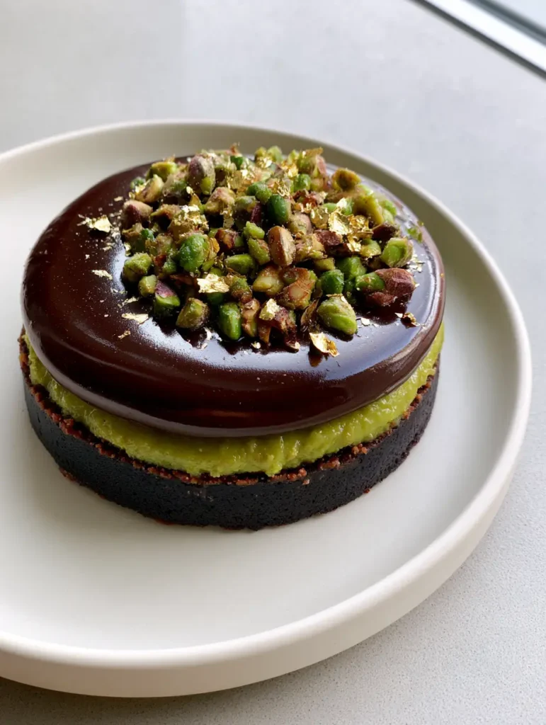 Chocolate Pistachio Tart with Cocoa Crust and Gold Leaf 1 High angle shot of the finished Chocolate Pistachio Tart garnished with roasted emerald pistachios and gold flakes.