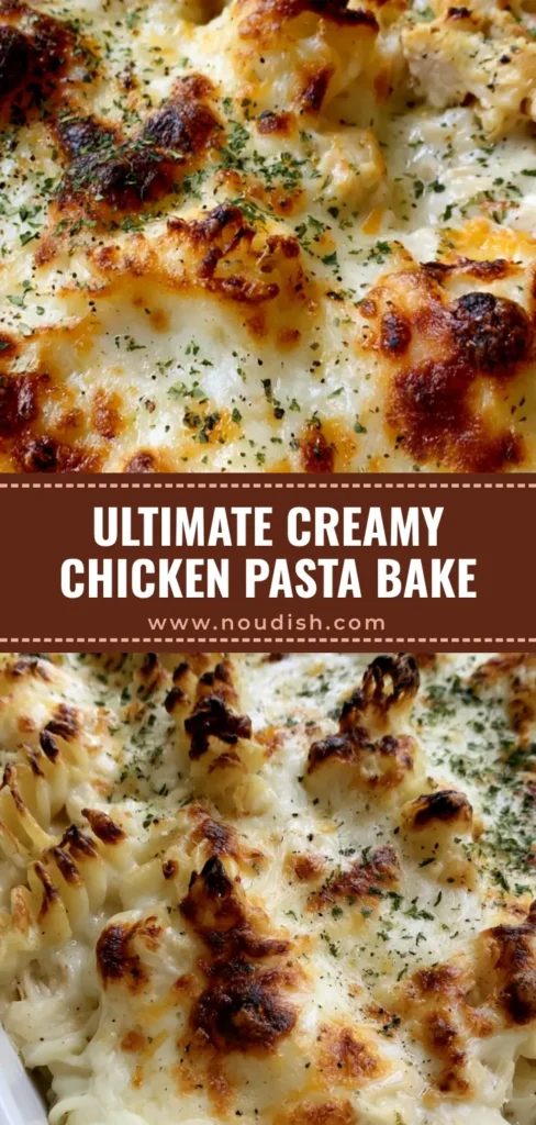 Creamy Chicken Pasta Casserole: The Ultimate Cheesy Comfort Food 4 A bubbling Creamy Chicken Pasta Casserole in a white dish with dark golden-brown charred cheese bubbles and dried parsley.