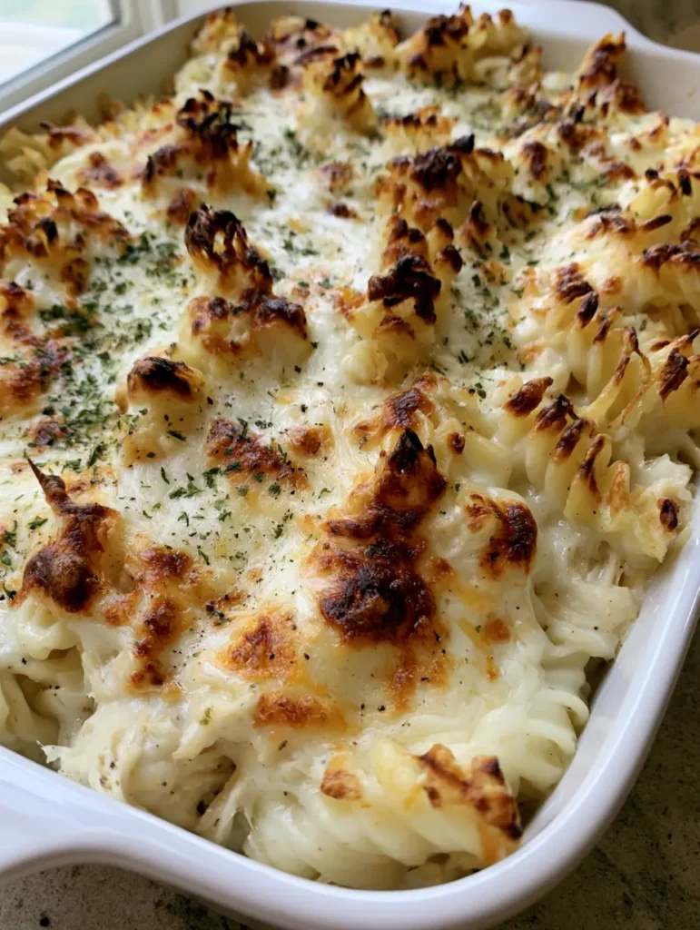 Creamy Chicken Pasta Casserole: The Ultimate Cheesy Comfort Food 2 Close up of shredded chicken and rotini pasta in a glossy white sauce from a Creamy Chicken Pasta Casserole.