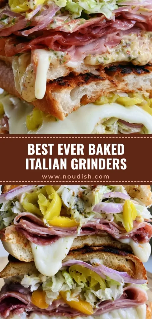 Baked Italian Grinder Sandwiches: The Viral Toasted Sub Recipe 4 A stack of three toasted Baked Italian Grinder Sandwiches on a wooden board featuring melted mozzarella and creamy grinder salad.