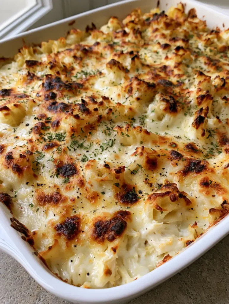 Creamy Chicken Pasta Casserole: The Ultimate Cheesy Comfort Food 1 Overhead view of Creamy Chicken Pasta Casserole showing crisp cheese edges and black pepper dusting.