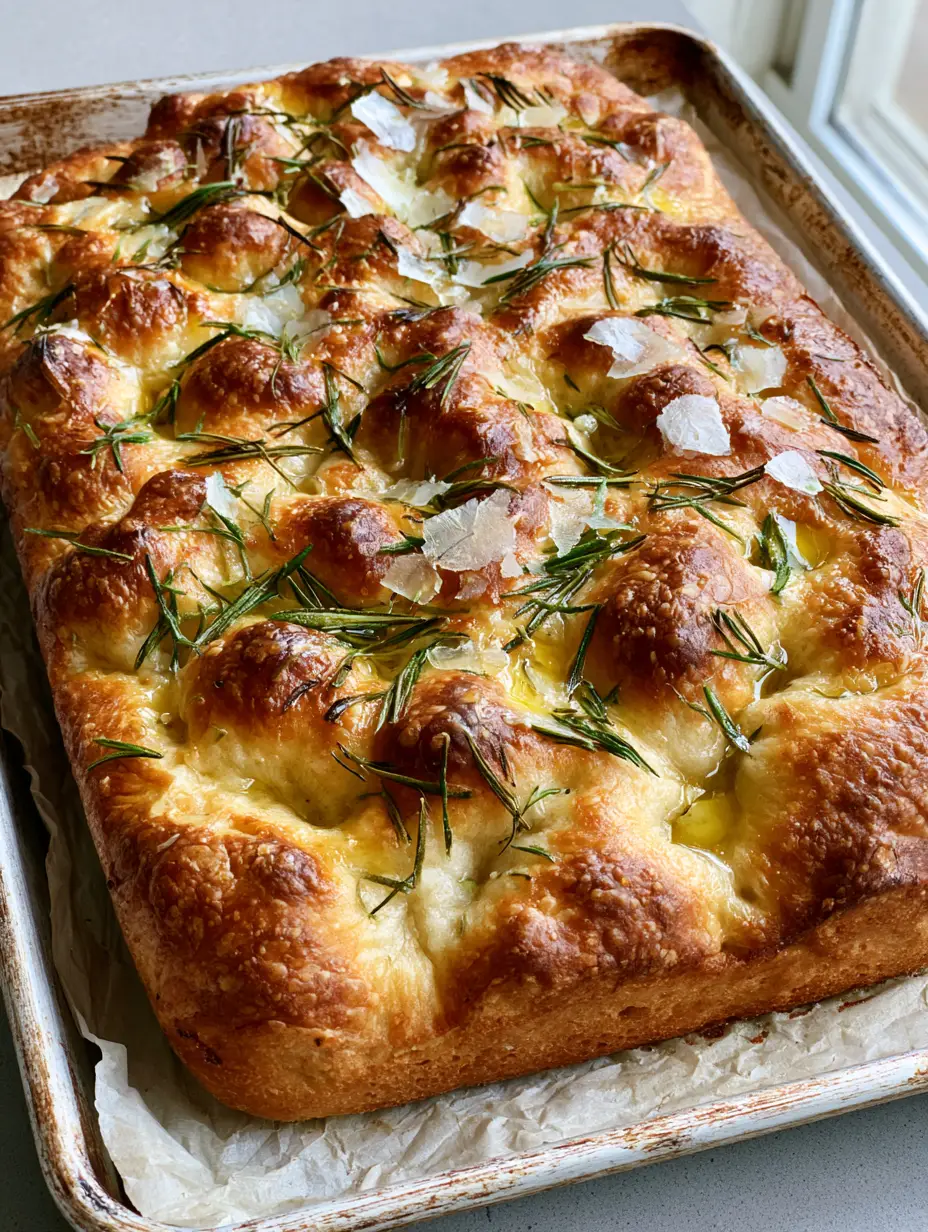 Sourdough Discard Focaccia: The Ultimate Crispy and Fluffy Guide 3 A rectangular Sourdough Discard Focaccia bread in a metal baking sheet with golden brown crust and flaky sea salt.
