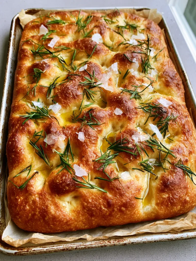 Sourdough Discard Focaccia: The Ultimate Crispy and Fluffy Guide 1 Top down view of Sourdough Discard Focaccia showing large fermentation bubbles and rosemary needles.