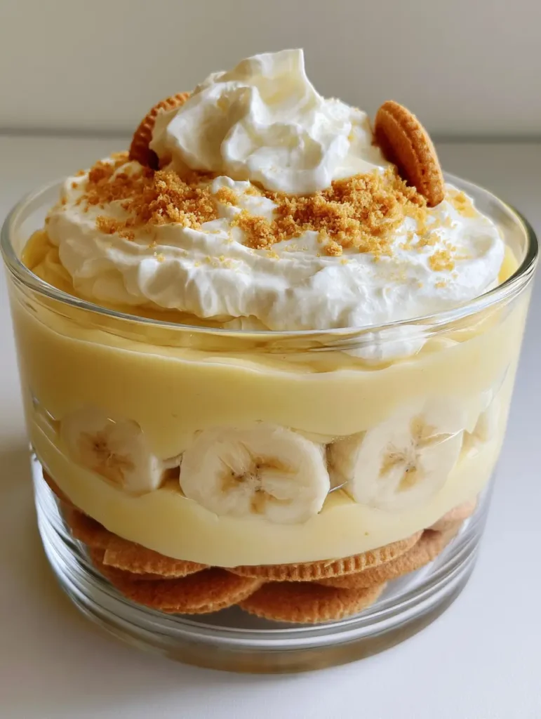 No Bake Banana Pudding: The Ultimate Easy Layered Dessert 2 Handheld photo of a clear glass bowl showing the distinct layers of No Bake Banana Pudding including cookies, yellow custard, and bananas.