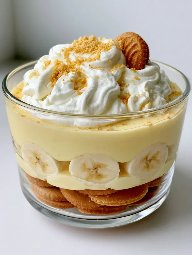 No Bake Banana Pudding: The Ultimate Easy Layered Dessert 1 Top view of No Bake Banana Pudding topped with airy white whipped cream, cookie crumbs, and whole vanilla wafers.