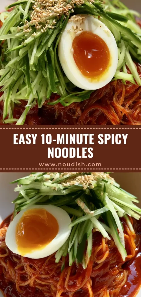 Bibim Guksu: The Ultimate Spicy Korean Cold Noodle Recipe 3 A top-down view of Bibim Guksu in a white bowl, showing glossy red noodles, julienned cucumbers, and a jammy soft-boiled egg.