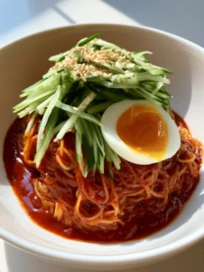 Close-up handheld shot of Bibim Guksu noodles coated in thick glossy gochujang sauce.
