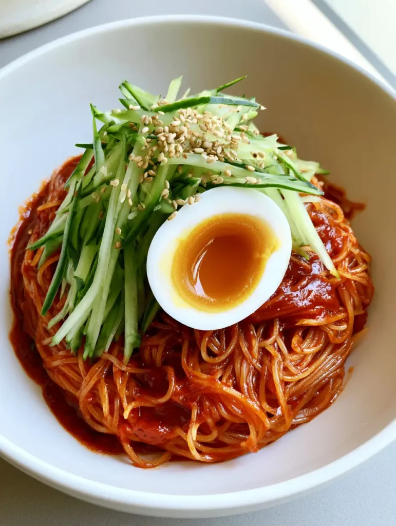 Bibim Guksu: The Ultimate Spicy Korean Cold Noodle Recipe 1 A white bowl of Bibim Guksu topped with julienned cucumber and a jammy soft-boiled egg in natural light.