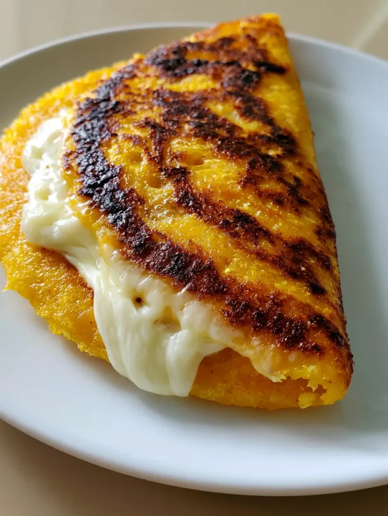 Venezuelan Sweet Corn Cachapas: The Ultimate Cheesy Street Food Guide 2 Close up of a griddled corn pancake showing rustic grainy texture and steam bubbles. (Venezuelan Sweet Corn Cachapas)
