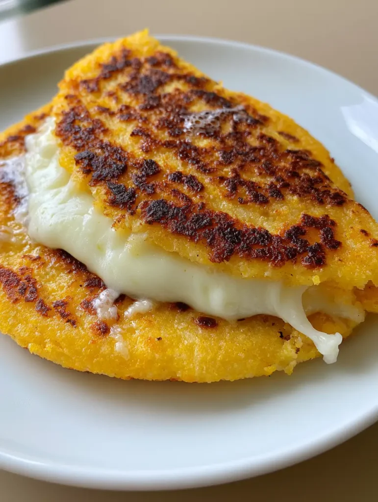 Venezuelan Sweet Corn Cachapas: The Ultimate Cheesy Street Food Guide 1 A folded cachapa with a heavy layer of glossy, melted mozzarella cheese strings oozing out. (Venezuelan Sweet Corn Cachapas)