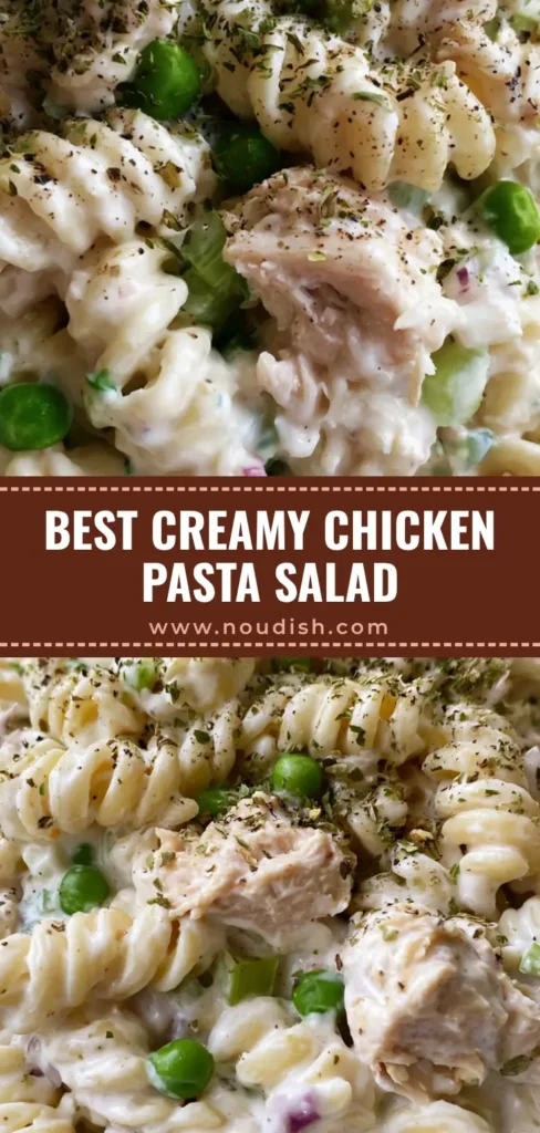 Creamy Chicken Pasta Salad: The Ultimate Easy Potluck Favorite 4 A top-down Pinterest Pin of Creamy Chicken Pasta Salad in a white bowl with rotini, shredded chicken, and green peas.