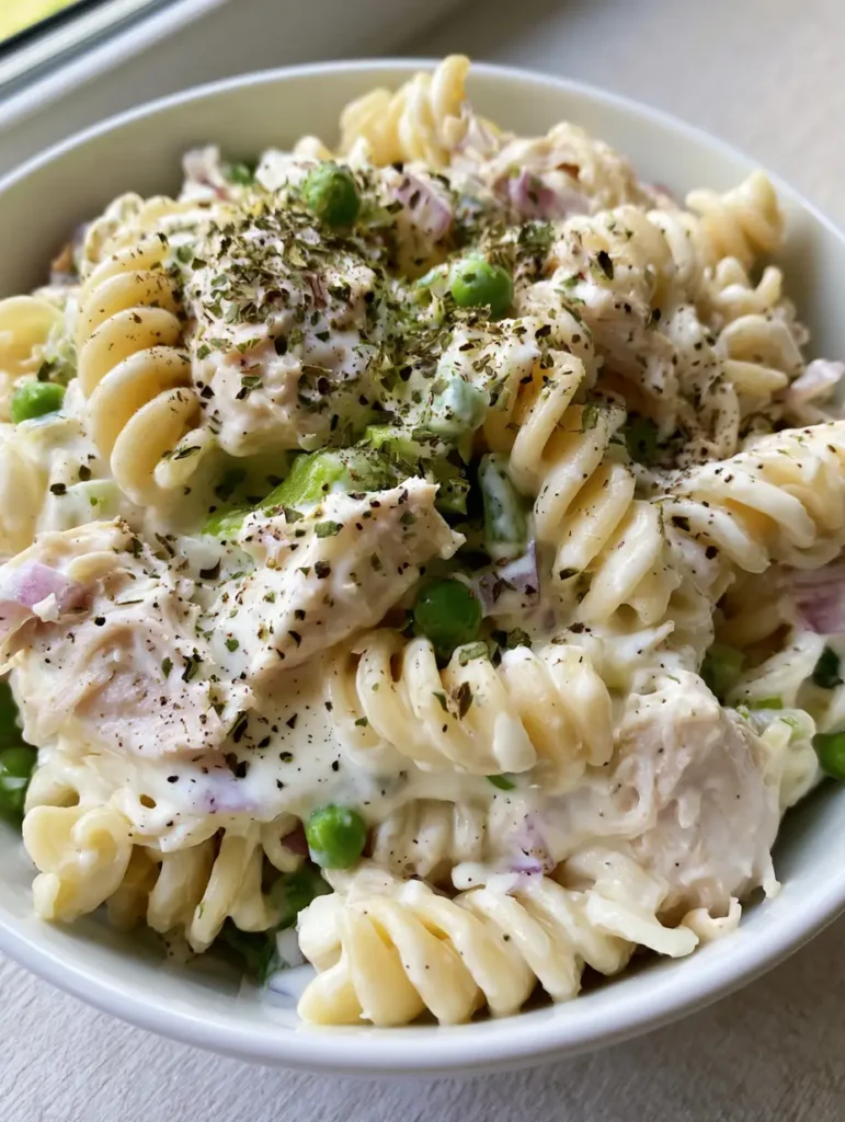 Creamy Chicken Pasta Salad: The Ultimate Easy Potluck Favorite 1 A casual home-cooked view of Creamy Chicken Pasta Salad with shredded chicken, celery, and parsley garnish on a wooden table.