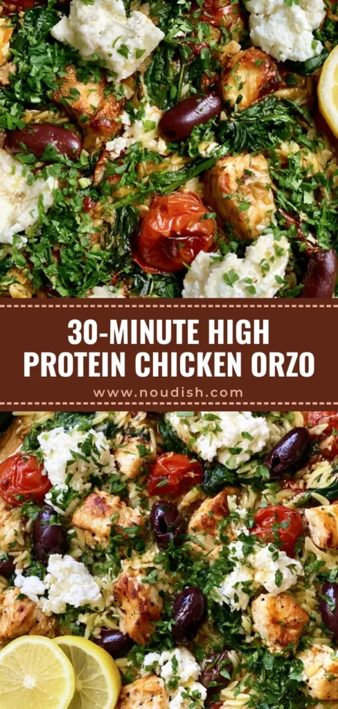 A top-down Pinterest-style photo of High Protein Mediterranean Chicken Orzo in a cast iron skillet with golden chicken and blistered tomatoes.