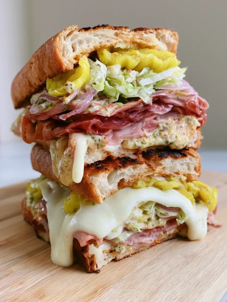 Baked Italian Grinder Sandwiches: The Viral Toasted Sub Recipe 1 A stack of three Italian grinder sandwiches showing the creamy herb-flecked dressing and shredded lettuce.