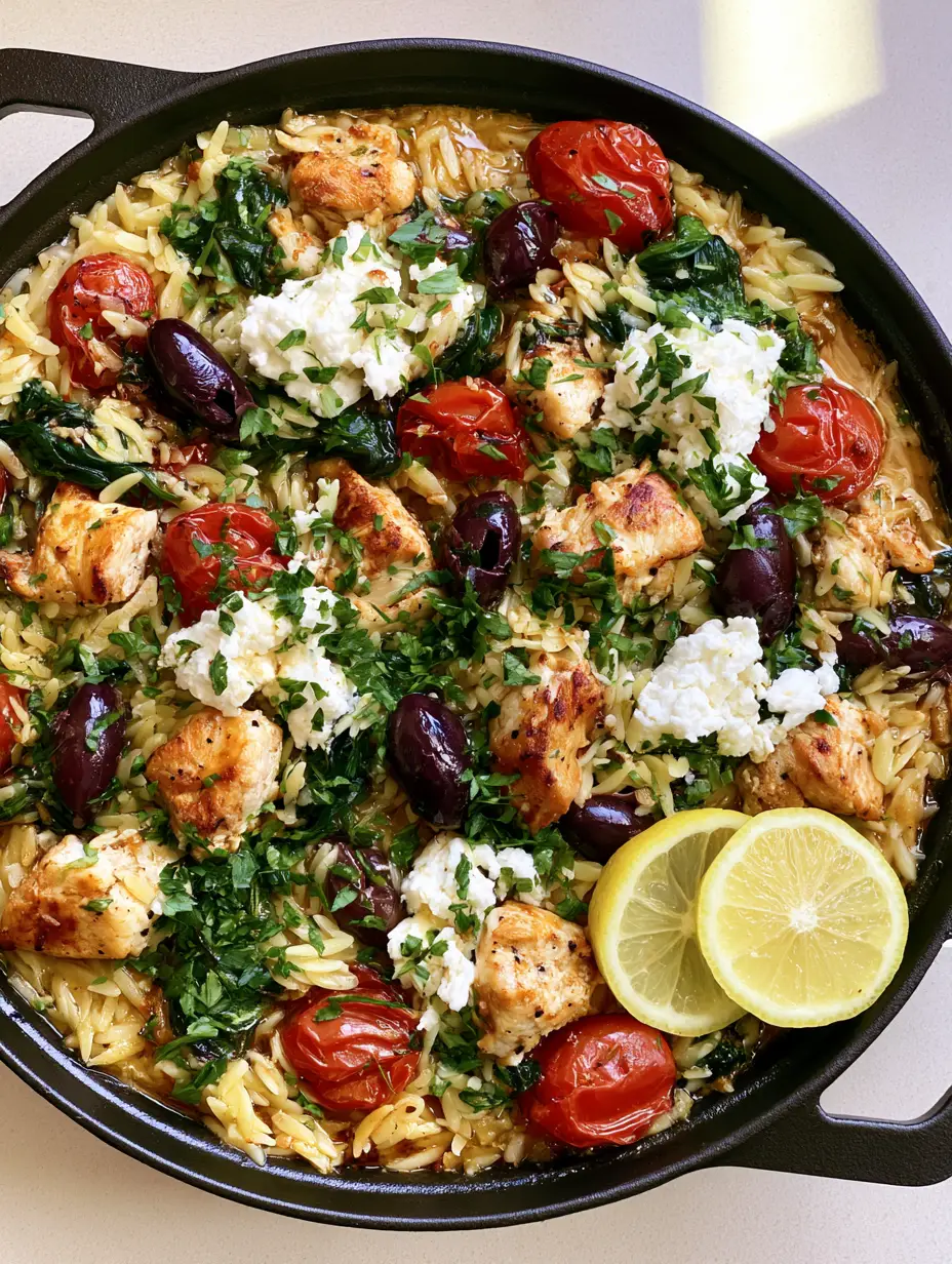 Close up of High Protein Mediterranean Chicken Orzo showing seared chicken breast chunks and vibrant green wilted spinach.