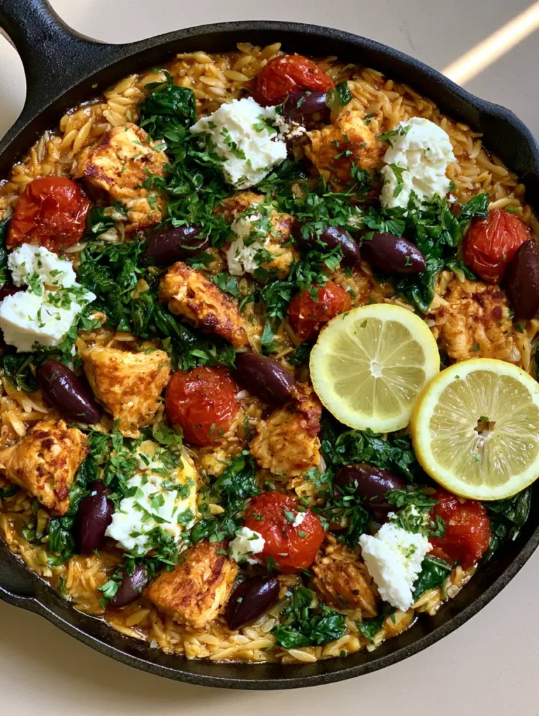 Overhead view of High Protein Mediterranean Chicken Orzo garnished with feta crumbles and lemon slices.