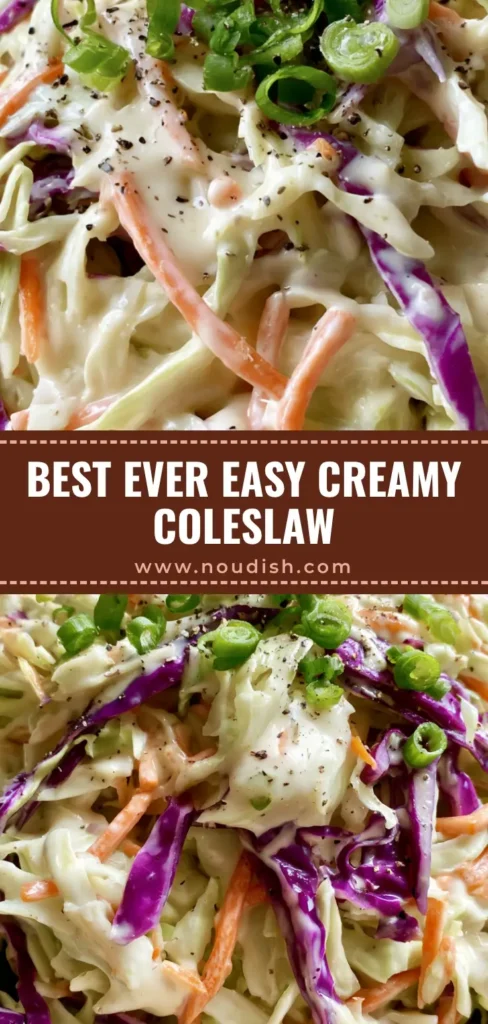 Homemade Coleslaw Recipe: The Ultimate Creamy and Crunchy Side Dish 4 A tall Pinterest-style image of a light bowl filled with creamy Homemade Coleslaw Recipe, featuring purple cabbage and scallion garnishes.