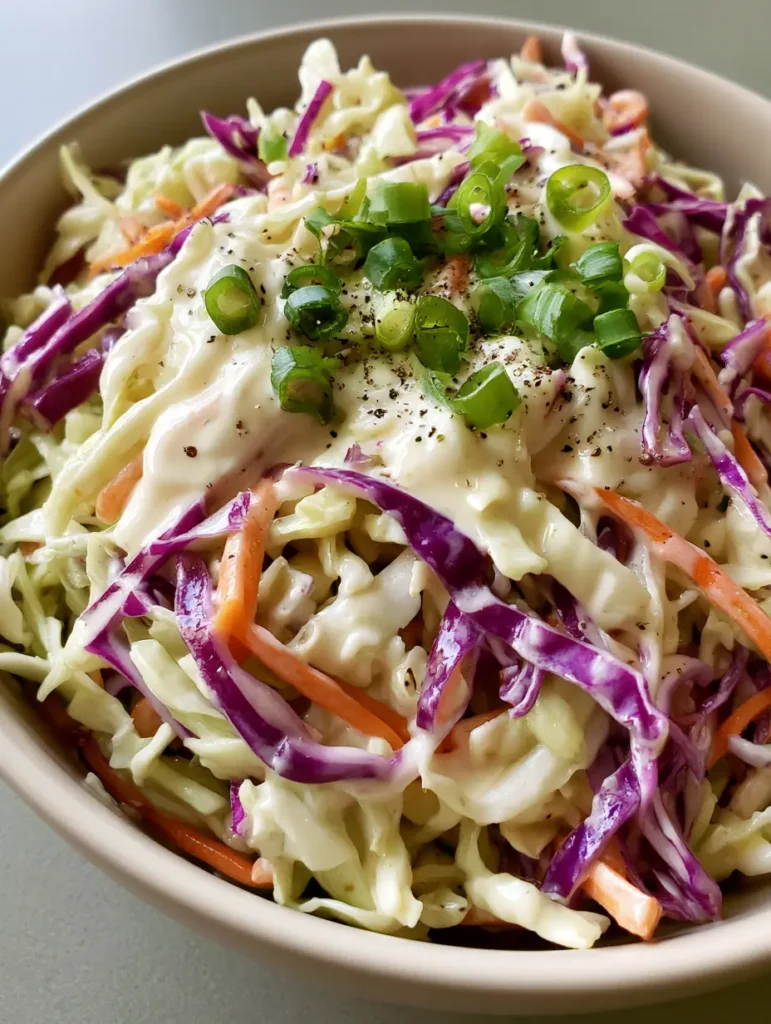 Homemade Coleslaw Recipe: The Ultimate Creamy and Crunchy Side Dish 1 Overhead view of shredded green and purple cabbage tossed in creamy white dressing with scallions and black pepper. (Homemade Coleslaw Recipe)