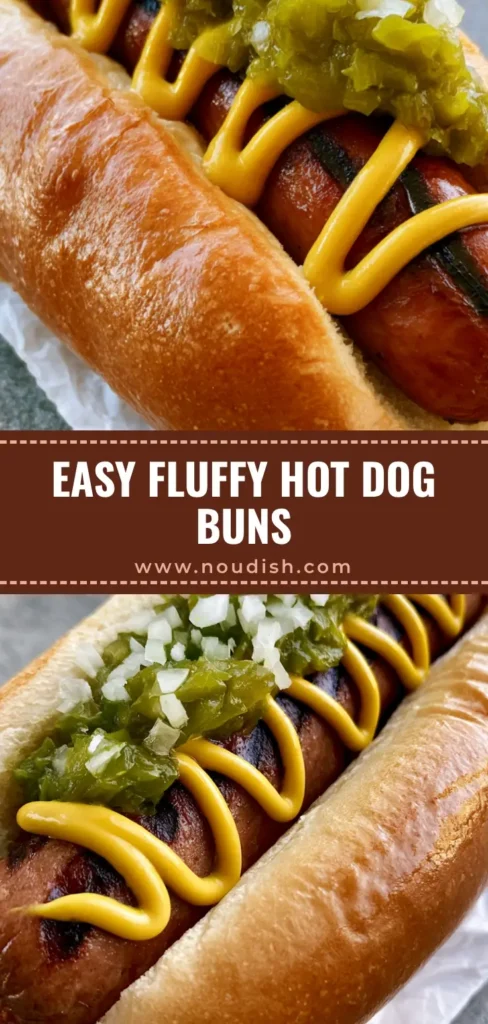 Homemade Hot Dog Buns: The Ultimate Pillowy Brioche Recipe 4 A handheld photo of a grilled hot dog in a toasted Homemade Hot Dog Bun with yellow mustard, neon green relish, and diced white onions on white parchment paper.