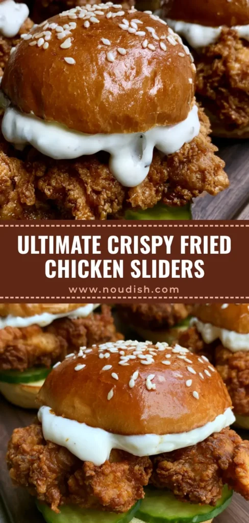A handheld smartphone photo of crispy fried chicken sliders with golden toasted sesame brioche buns and thick white creamy sauce on a dark wooden board. (Crispy Fried Chicken Sliders)