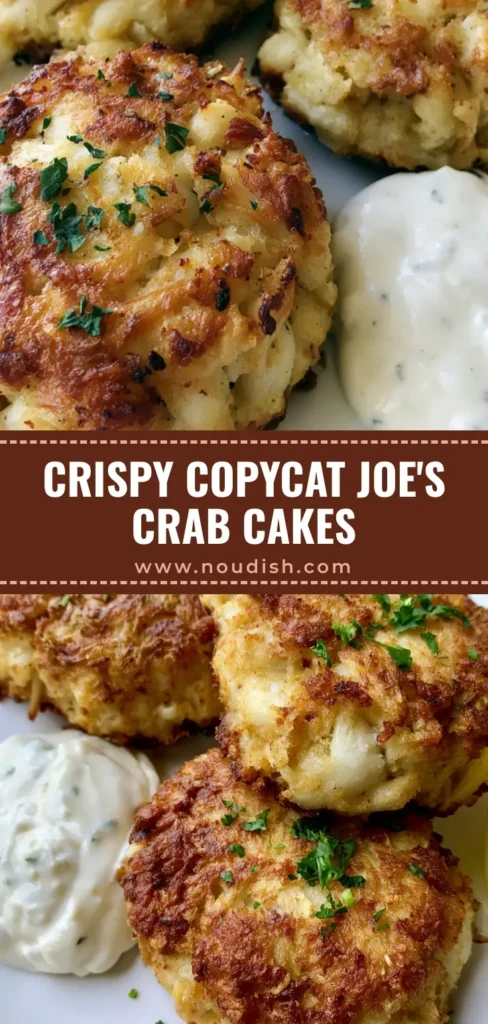 Copycat Joe's Crab Shack Crab Cakes 4 Three thick circular golden-brown Copycat Joe's Crab Shack Crab Cakes on a white plate with lemon and tartar sauce.