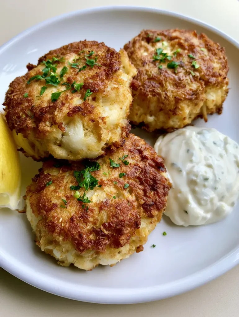 Copycat Joe's Crab Shack Crab Cakes 2 Close up of pan-fried lump crab meat cakes with a golden-brown crispy breading and fresh parsley. (Copycat Joe's Crab Shack Crab Cakes)