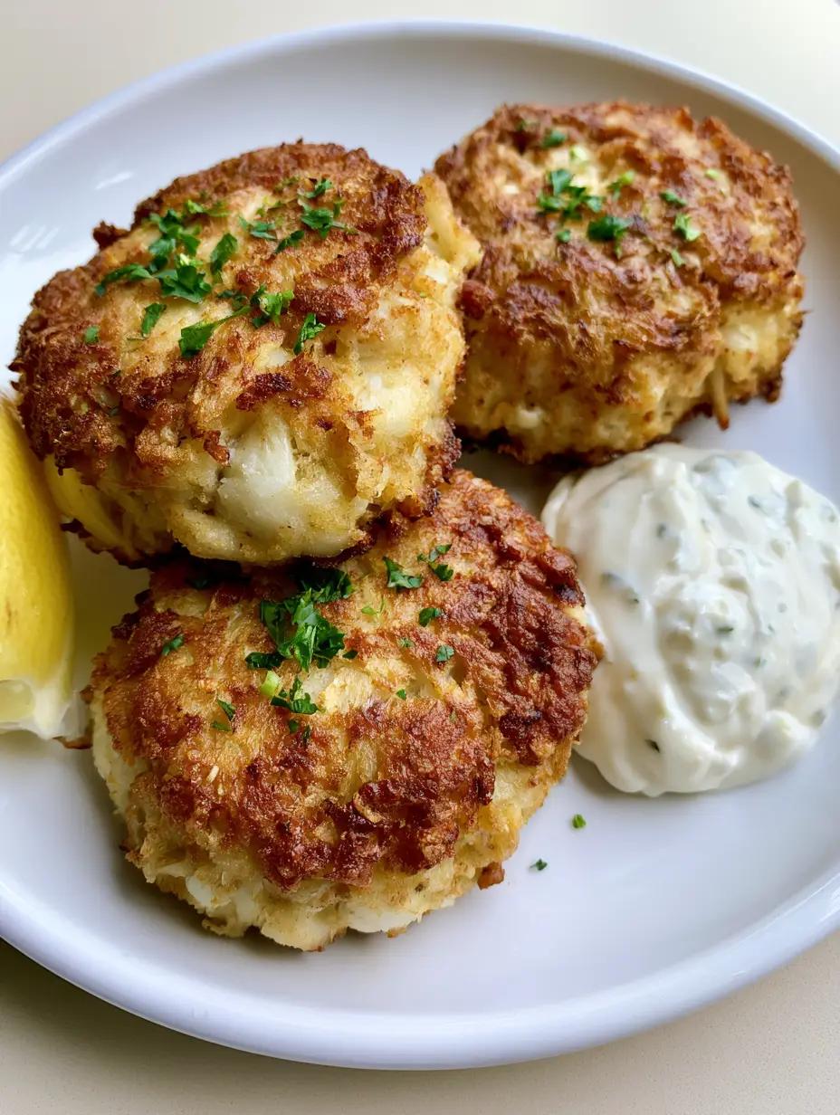 Copycat Joe's Crab Shack Crab Cakes 3 Close up of pan-fried lump crab meat cakes with a golden-brown crispy breading and fresh parsley. (Copycat Joe's Crab Shack Crab Cakes)