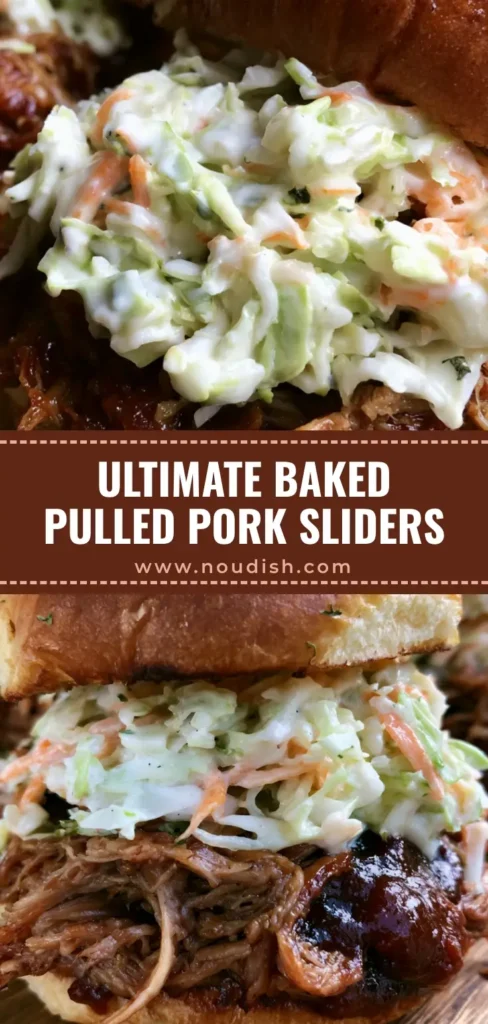 Pulled Pork Sliders with Creamy Slaw and Garlic Herb Butter 4 A close-up shot of Pulled Pork Sliders on Hawaiian rolls with mahogany BBQ sauce and creamy white coleslaw on a rustic board.