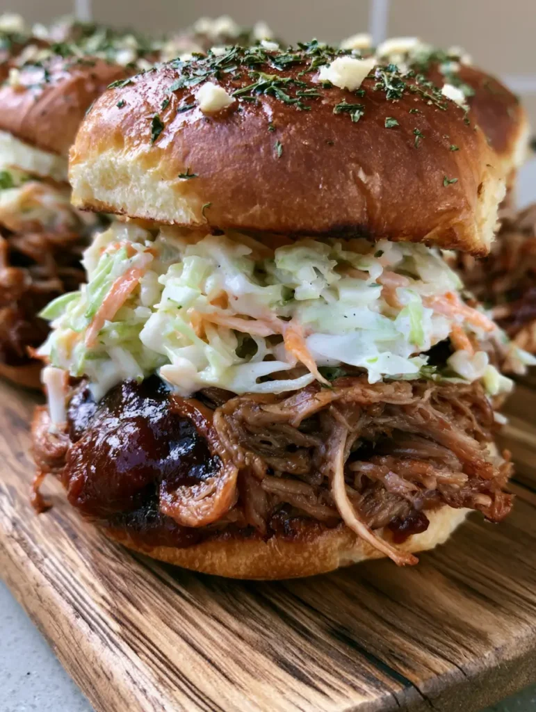 Pulled Pork Sliders with Creamy Slaw and Garlic Herb Butter 2 A row of Pulled Pork Sliders being held over a wooden serving board, showing the thick layers of meat and slaw.