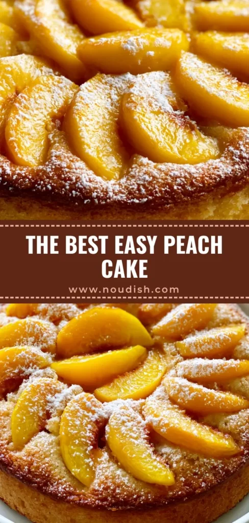 Fresh Peach Cake Recipe: The Ultimate Golden Buttery Summer Dessert 4 A close-up of a Fresh Peach Cake Recipe featuring a golden buttery sponge topped with caramelized yellow peach slices in a circular pattern and dusted with powdered sugar.