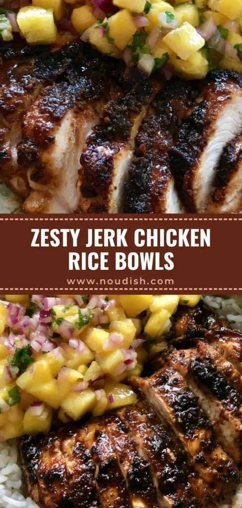 A tropical Jerk Chicken Bowl with seared chicken breast, dark glossy glaze, fresh cubed pineapple, and steamed white rice in a ceramic bowl.