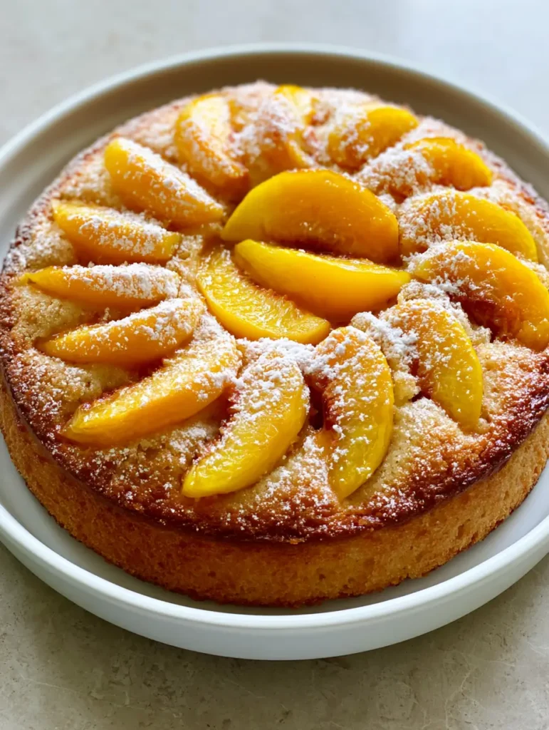 Fresh Peach Cake Recipe: The Ultimate Golden Buttery Summer Dessert 2 High-angle shot of a Fresh Peach Cake Recipe in a white ceramic dish showing the moist, tender crumb and fresh fruit pattern.