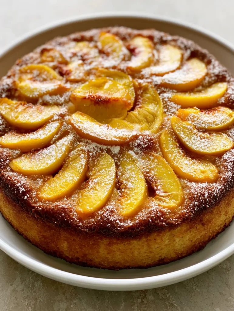 Fresh Peach Cake Recipe: The Ultimate Golden Buttery Summer Dessert 1 Detailed view of caramelized fresh yellow peach slices arranged in a circular pattern on top of a buttery cake.
