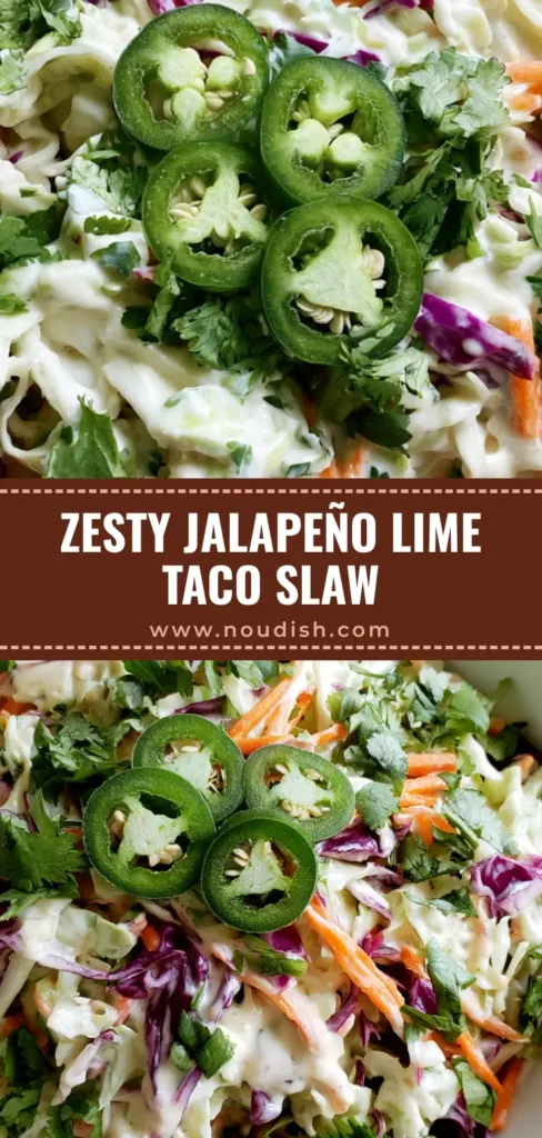 Jalapeño Slaw: The Ultimate Creamy and Spicy Side Dish 4 A top-down view of a white ceramic bowl filled with Jalapeño Slaw, featuring shredded purple and green cabbage, julienned carrots, and fresh jalapeño rounds with seeds coated in a creamy white dressing.