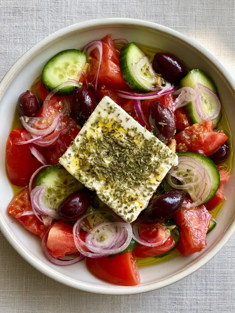 Authentic Greek Salad (Traditional Horiatiki Recipe) 2 Top-down view of Authentic Greek Salad with unpeeled cucumbers and chunky tomatoes in a white bowl.